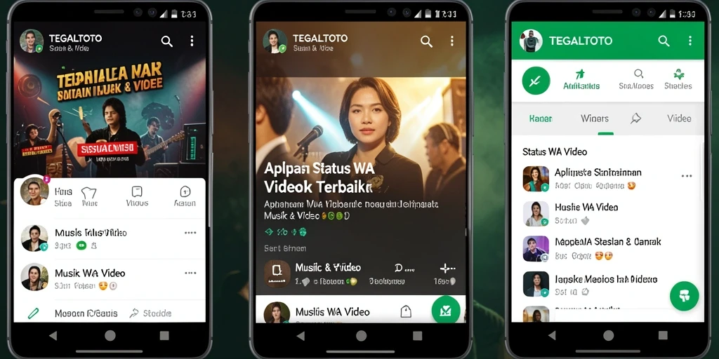 Antarmuka aplikasi TEGALTOTO dengan pilihan video musik untuk status WA.